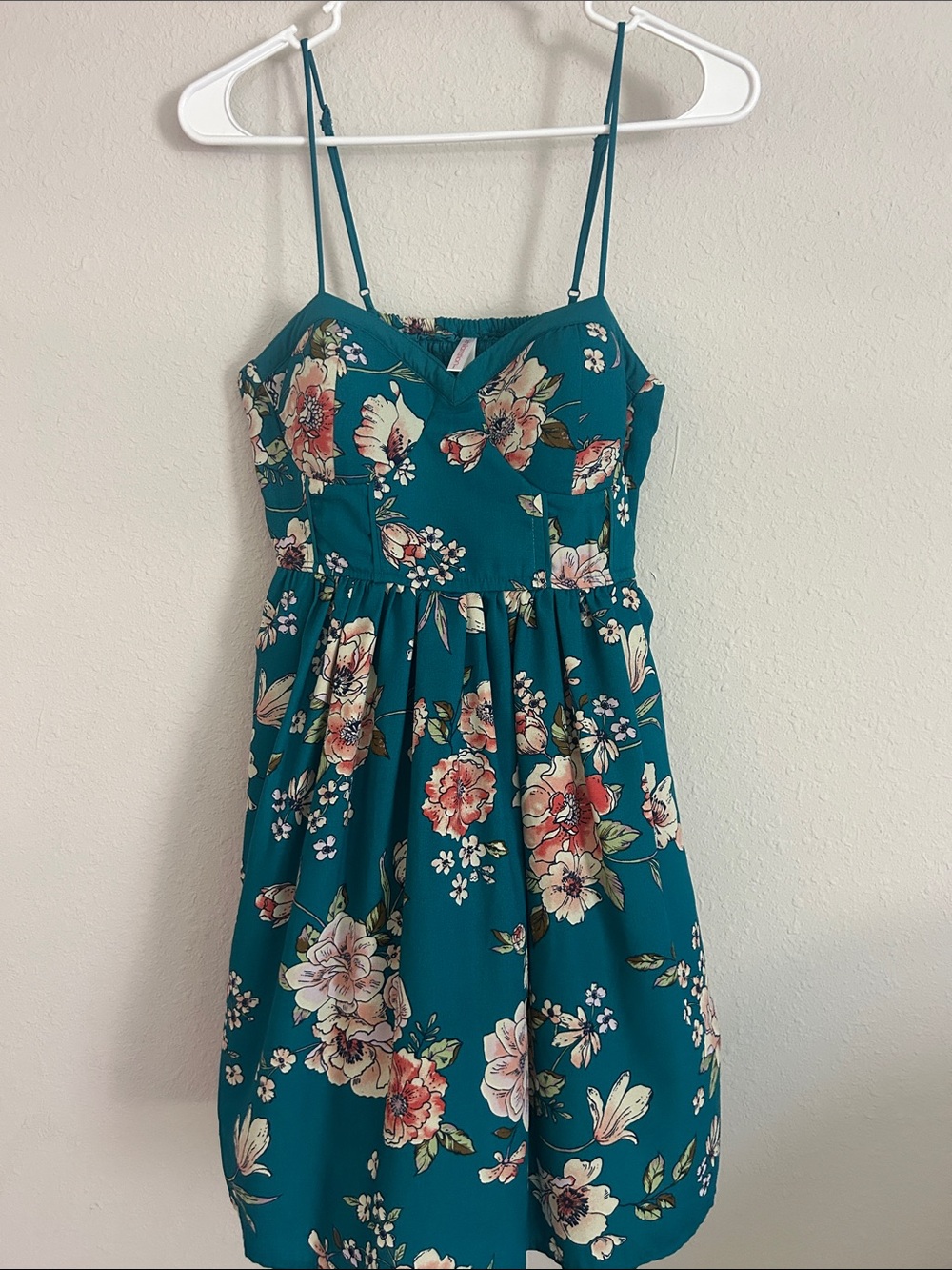 Xhilaration Teal Floral Spaghetti-Strap Dress